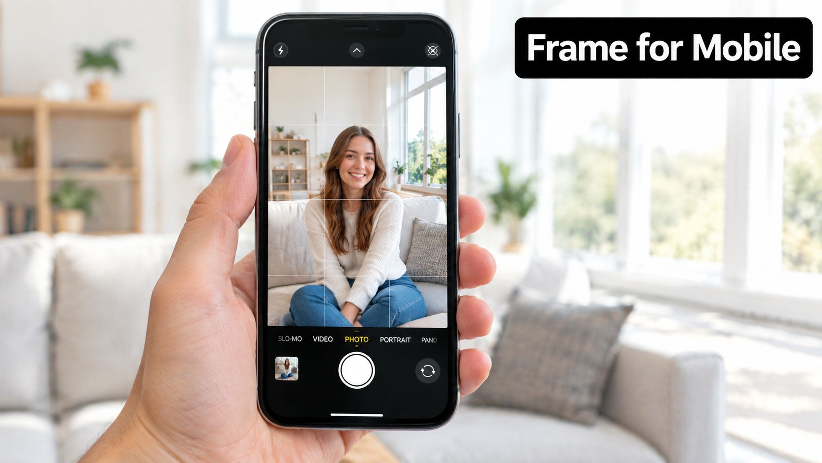 A hand holding a smartphone showing a camera interface with a person on the screen display.