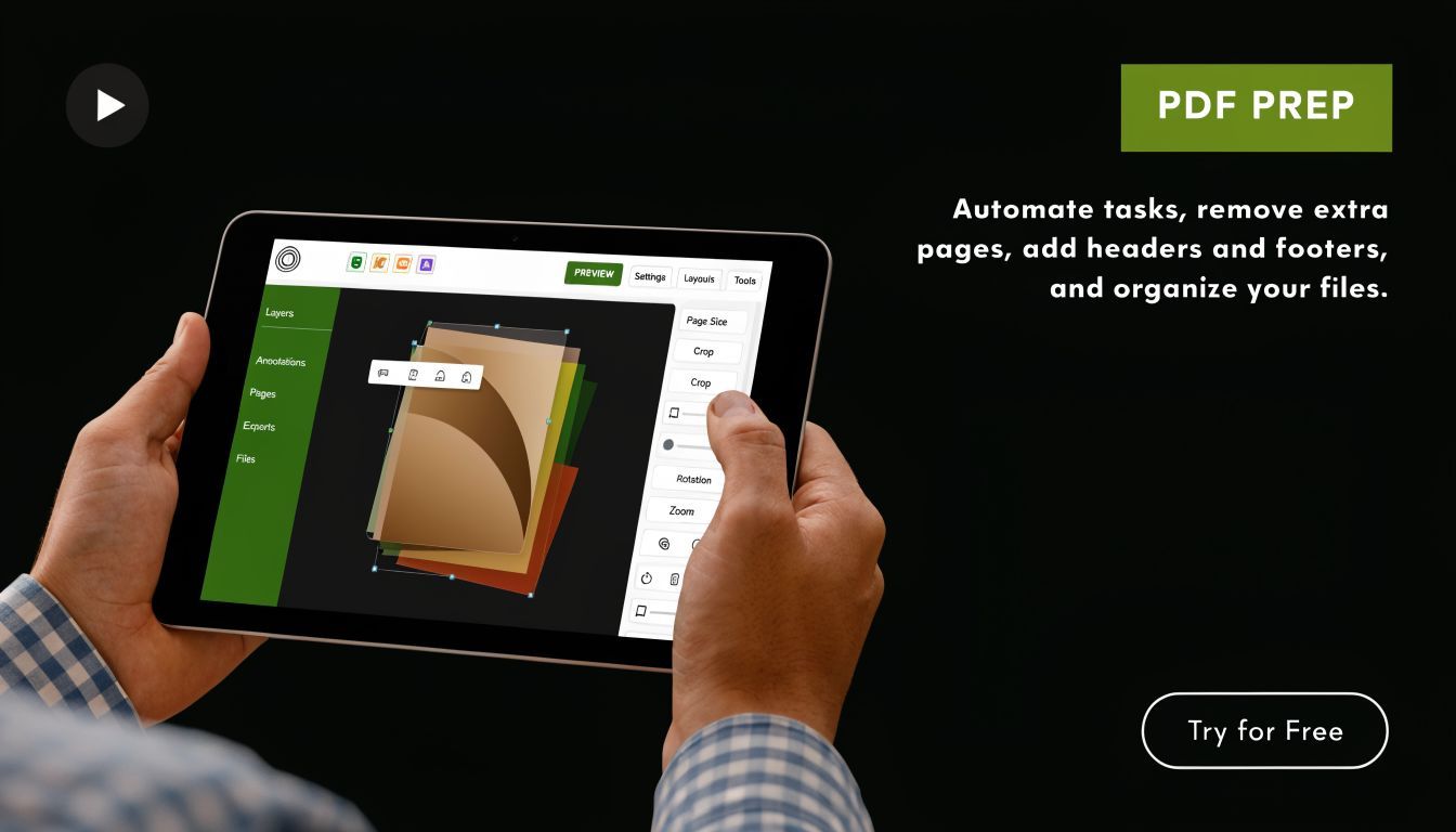 A person holding a tablet showing PDF preparation software with cropping tools for organizing digital files.