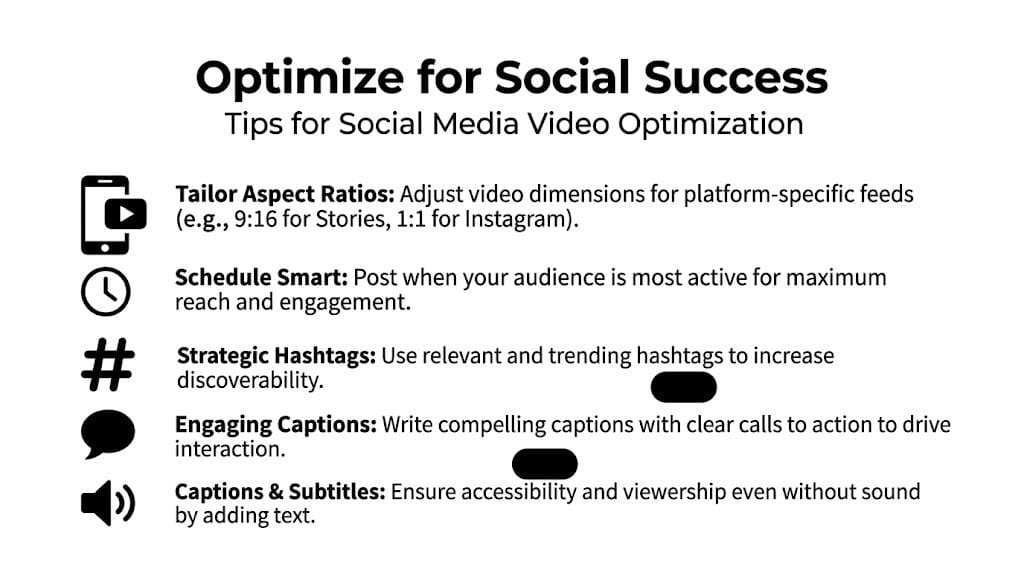 An infographic titled Optimize for Social Success listing five essential tips for social media video optimization.