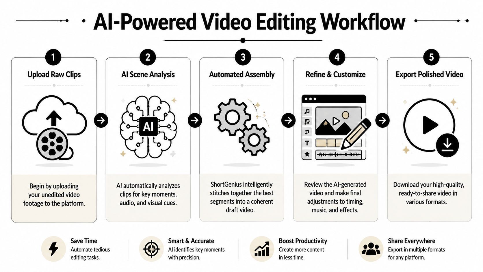 A flowchart showing the five-step AI-powered video editing workflow from raw clips to exported final video.