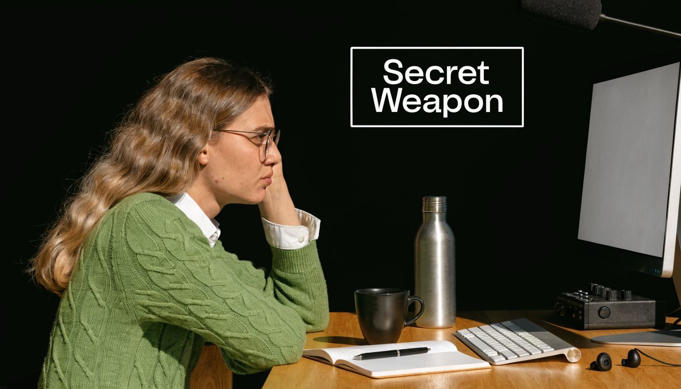A woman with long wavy hair in a green sweater staring at her computer screen while working.