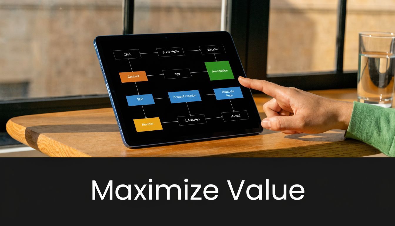 A person pointing to a business workflow diagram on a tablet screen during a strategy session.