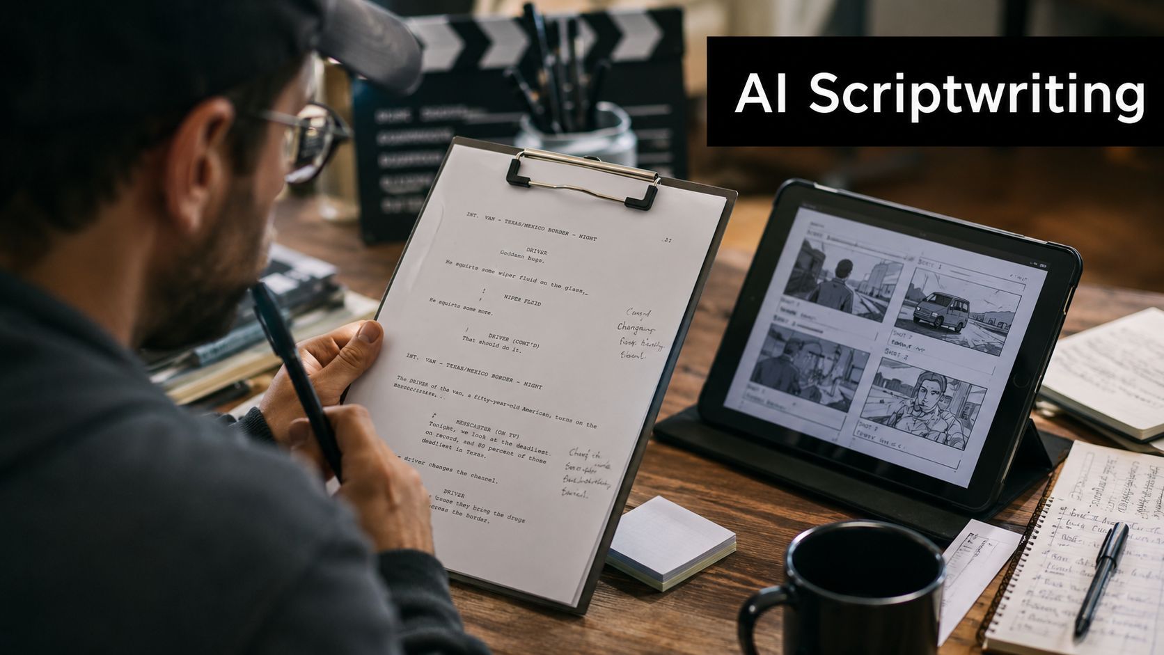 Un escriptor treballant en un guió de pel·lícula amb un storyboard mostrat en una tauleta.