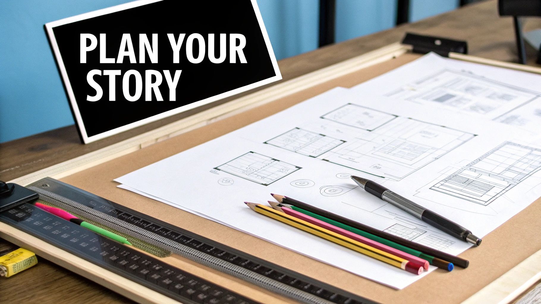 A person's hands sketching a storyboard with a pencil and pen on a wooden desk.