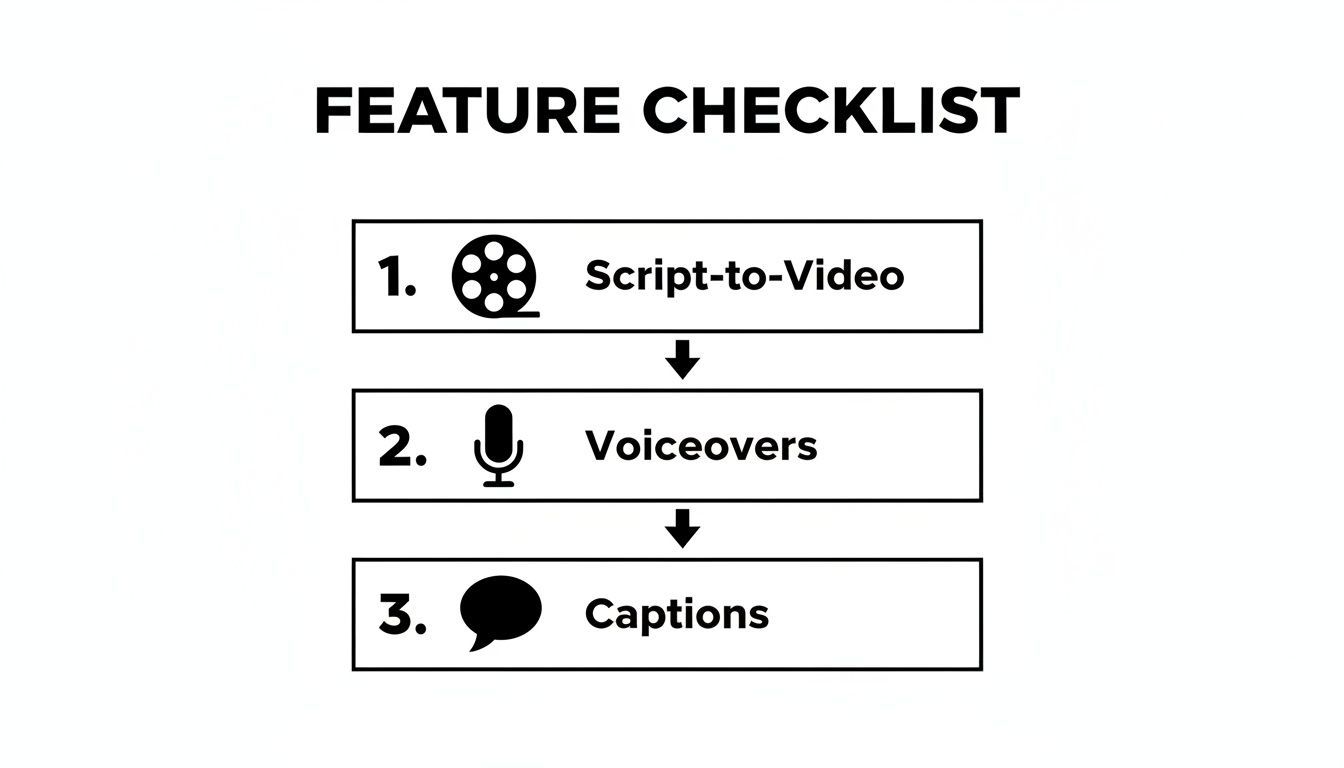 قائمة تحقق ميزات لإنشاء الفيديو، تفصل script-to-video، voiceovers، وcaptions.
