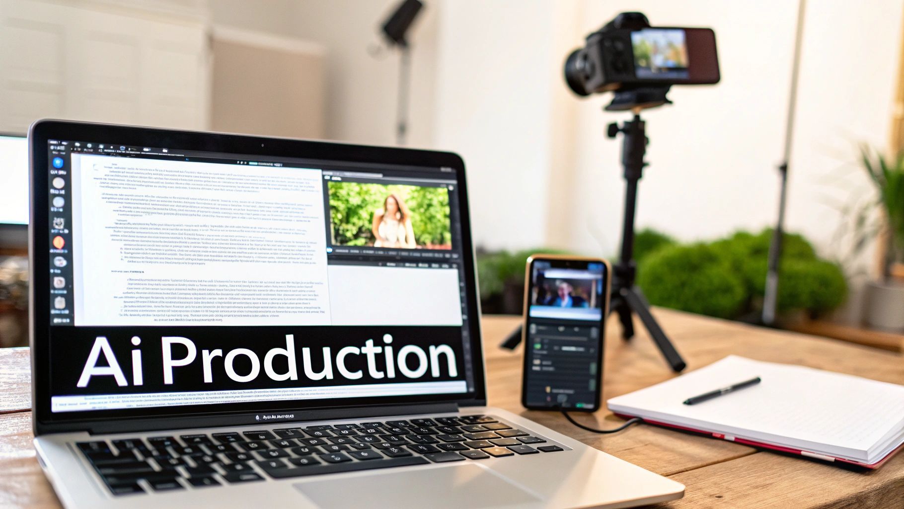 جهاز كمبيوتر محمول يعرض نص 'Ai Production' وفيديو، مع هاتف ذكي وكاميرا ودفتر ملاحظات على مكتب خشبي، يمثل إنشاء المحتوى بقوة الذكاء الاصطناعي.