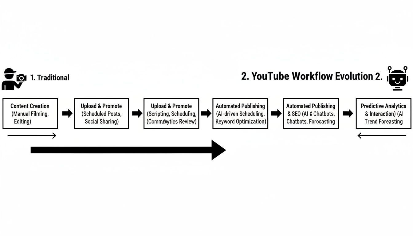 Diagram illustrating the evolution of YouTube workflows from traditional manual processes to AI-driven automation.