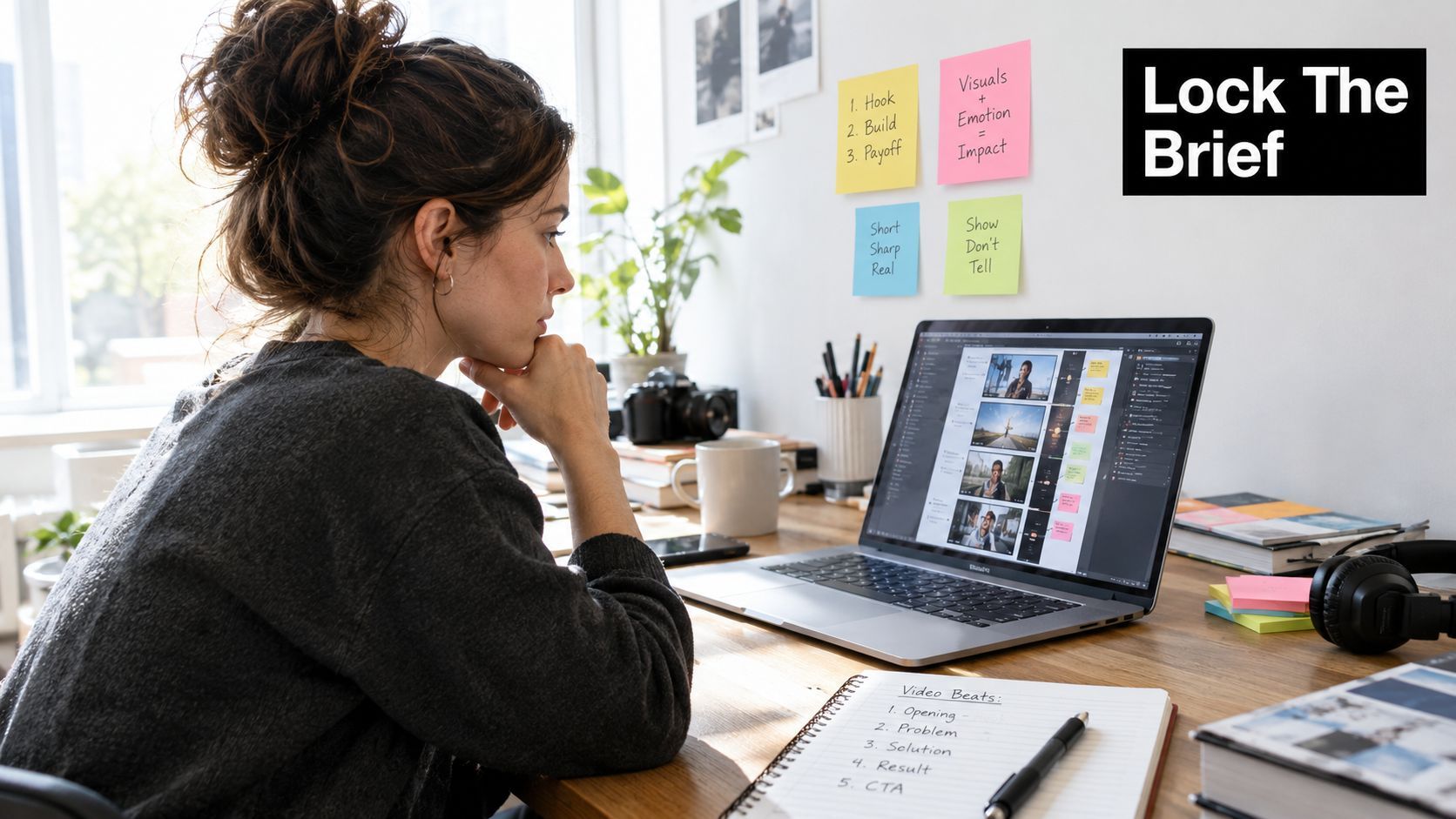 A woman working on video editing for Instagram reels while sitting at a desk with creative notes.