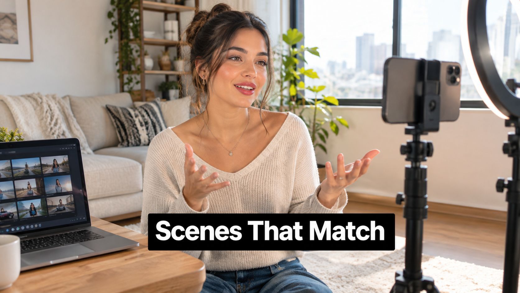 A young woman recording a video for social media using a ring light and smartphone setup.