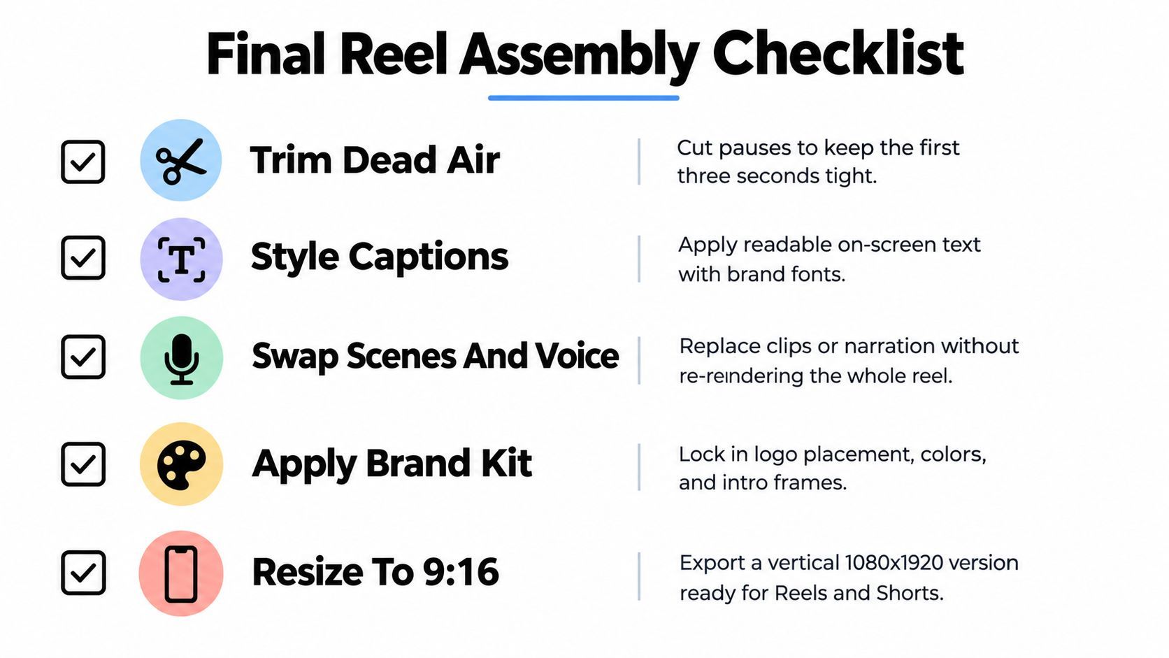 A checklist for finalizing video reels, featuring five editing steps with icons on a white background.