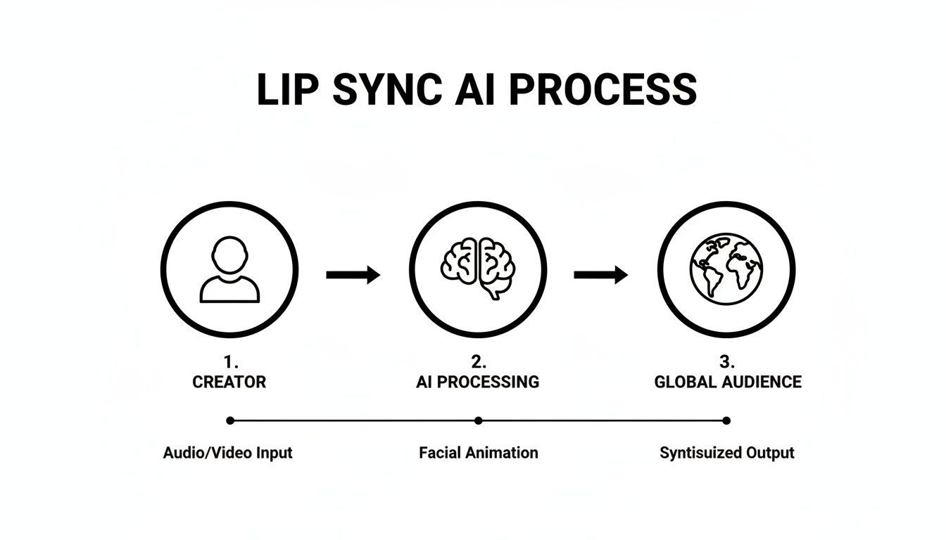 Diagram popisujúci proces Lip Sync AI, od vstupu tvorcu a spracovania AI po výstup pre globálne publikum.