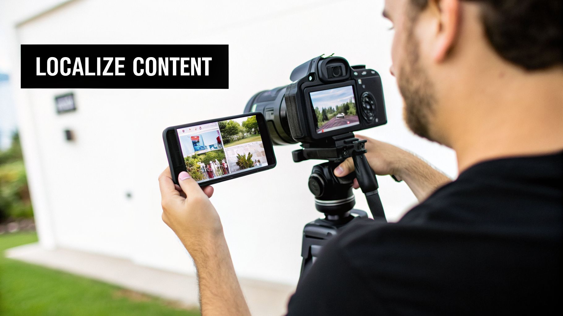 Osoba pozerá na viacobrazovkový obsah na smartfóne počas natáčania videa s kamerou na statíve.