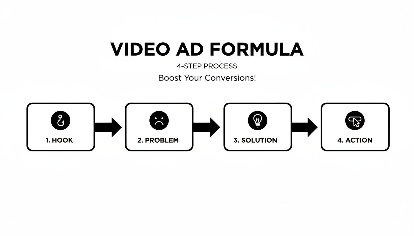 4-step Video Ad Formula کی ویژول ڈایاگرام: Hook, Problem, Solution, اور Action۔