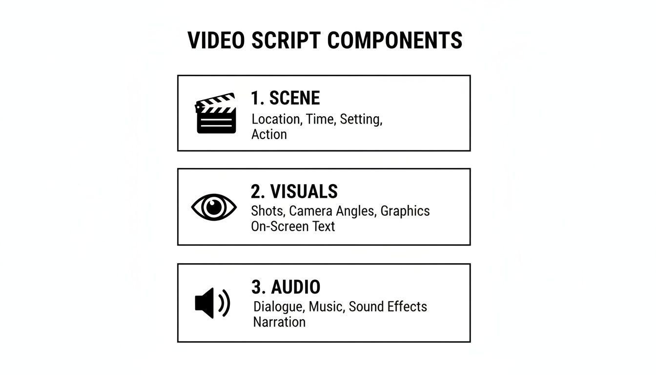 Diagram yang mengilustrasikan komponen skrip video: Adegan, Visual, dan Audio, dengan elemen masing-masing.