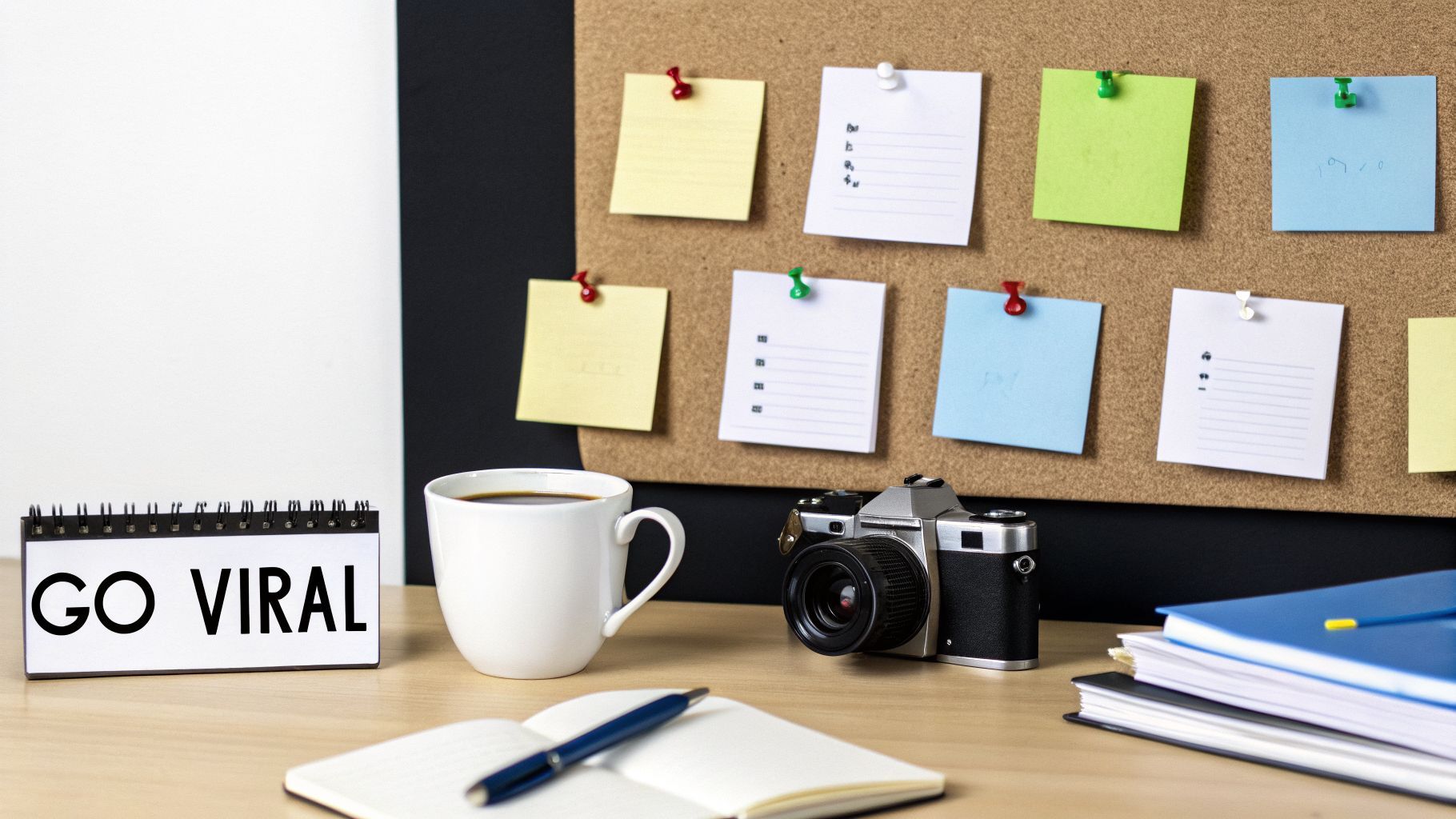 Pengaturan meja kantor dengan kalender 'GO VIRAL', kopi, kamera, dan papan gabus dengan catatan.