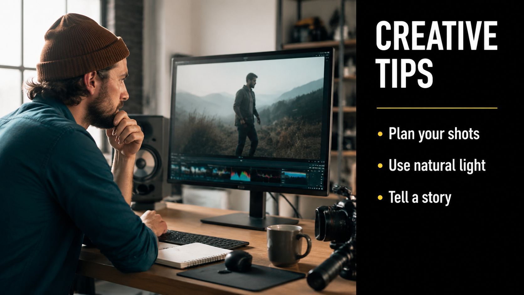 A man wearing a beanie editing landscape videos on a large computer monitor in a studio.