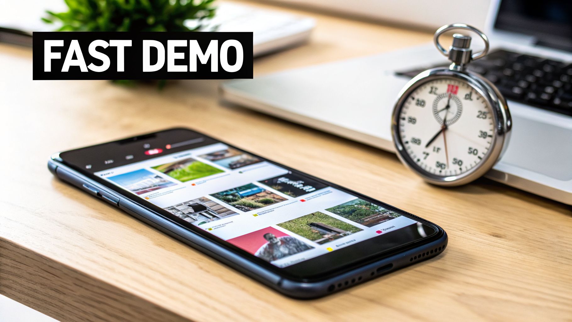 Smartphone zobrazující galerii obrázků, stopky a laptop na dřevěném stole s textem 'RYCHLÉ DEMO'.