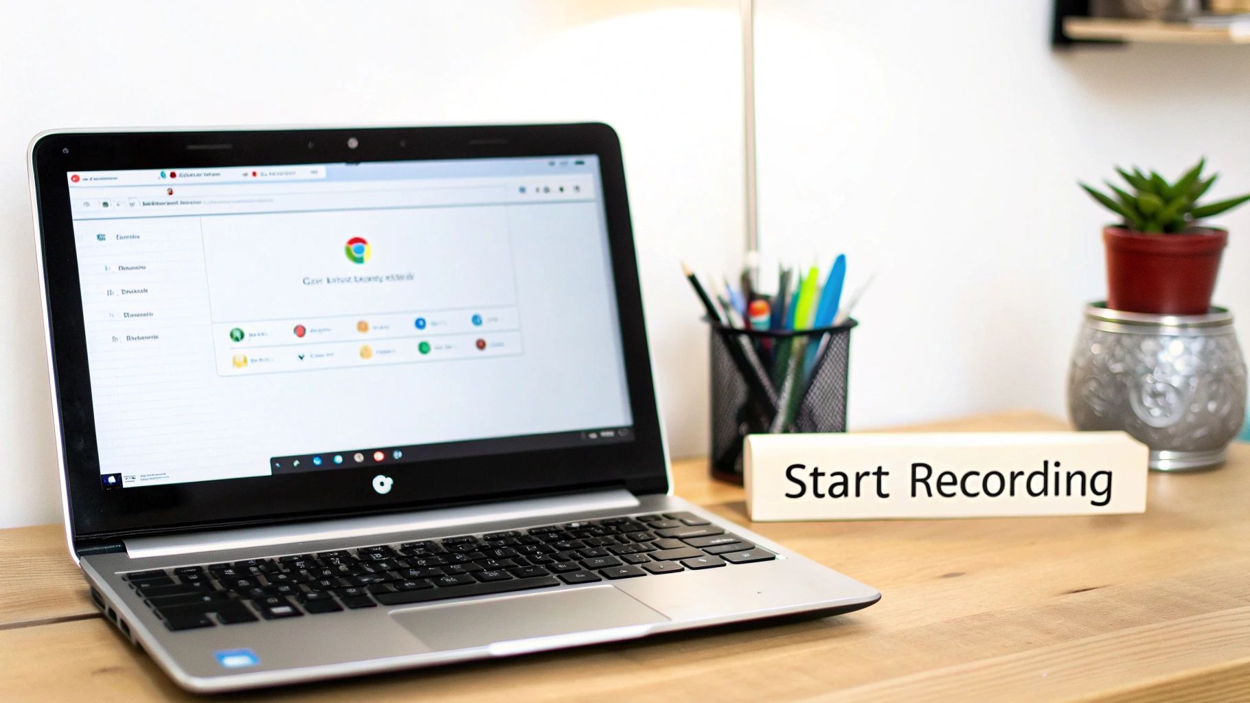 A silver Chromebook laptop displaying Google Chrome, a pen holder, and a 'Start Recording' sign on a wooden desk.