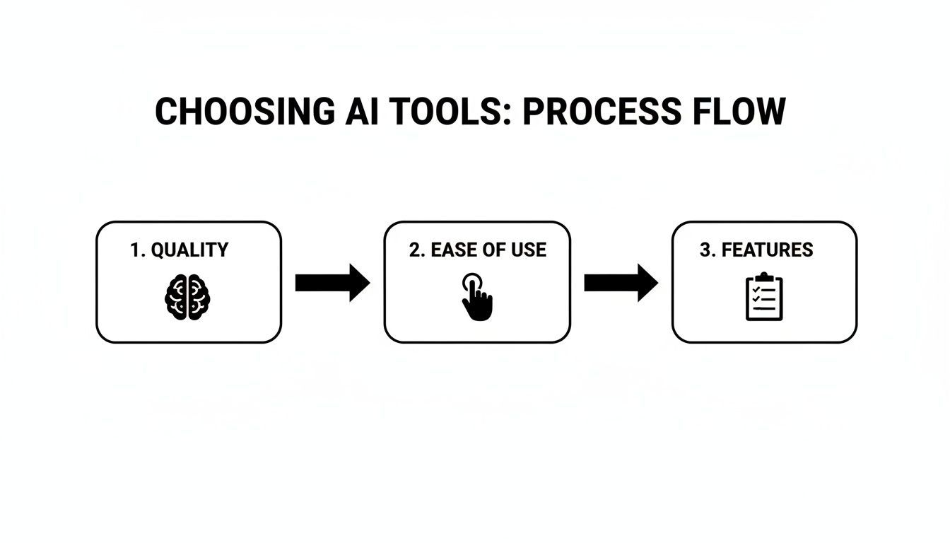 A process flow diagram illustrating three key steps for choosing AI tools: Quality, Ease of Use, and Features.