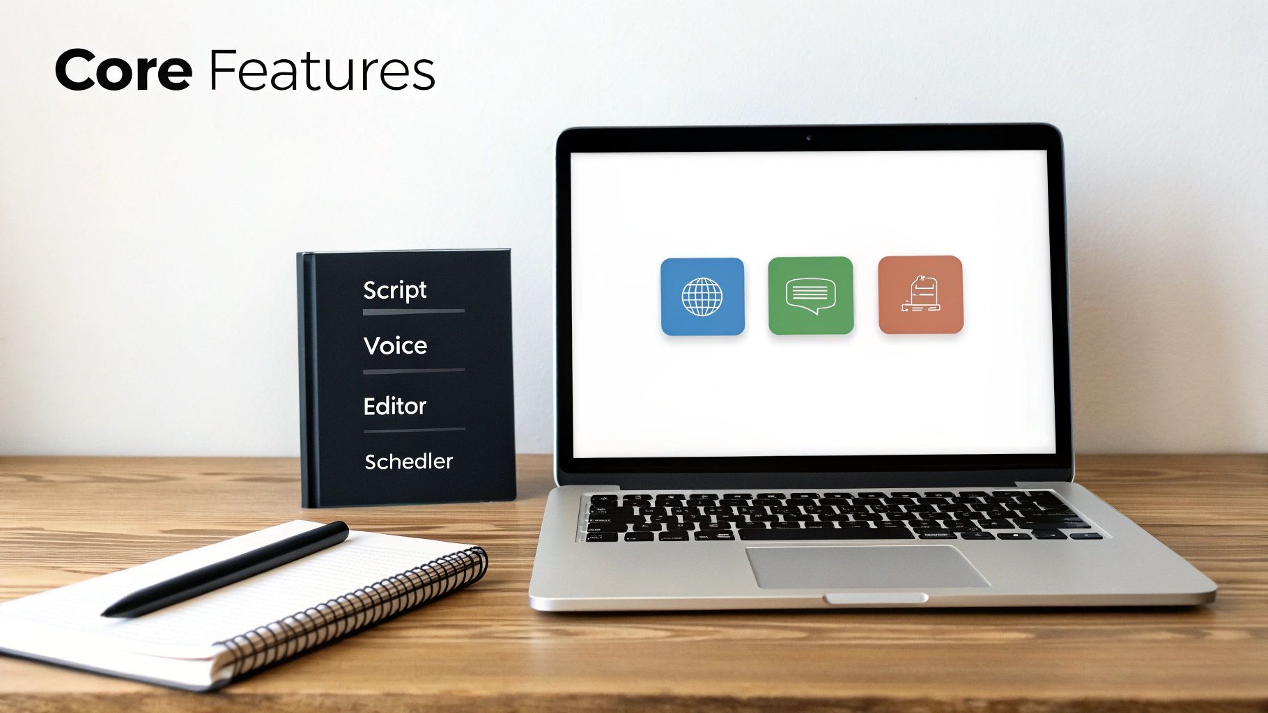 A laptop displaying app icons next to a list of core features like Script and Voice, with a notebook.