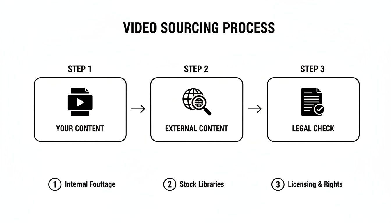 Flowchart yang mengilustrasikan proses sourcing konten video tiga langkah: internal, eksternal, dan pemeriksaan legal.