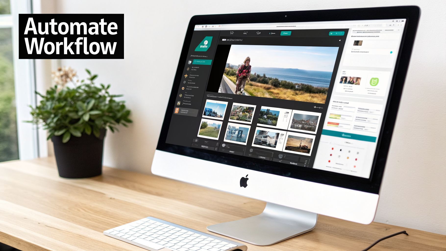 Apple iMac menampilkan aplikasi otomatisasi workflow dengan gambar di meja kayu.