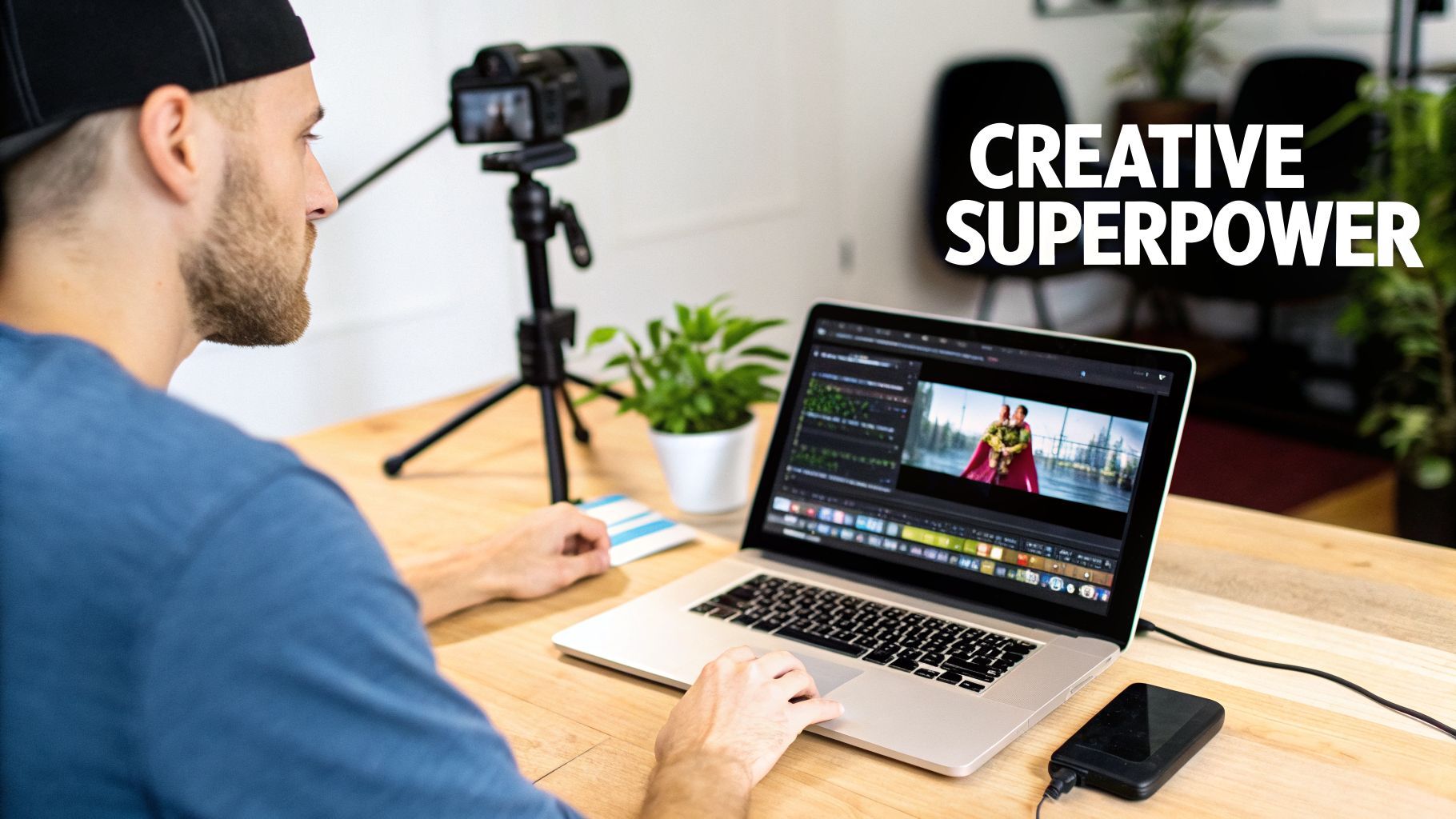 Տղամարդու նկար, ով լે઺թոպով խմբագրում է տեսանյութ, տրիպոդով տեսախցիկ և արտաքին կոշտ սկավառակով.