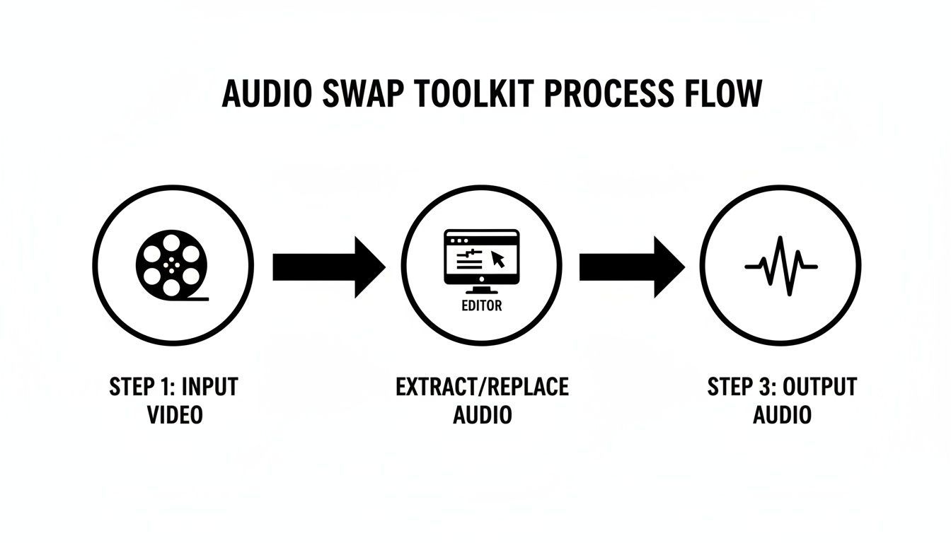 Diagram, որը նկարագրում է audio swap toolkit process flow-ը՝ input video, extract/replace audio editor-ով, և output audio.