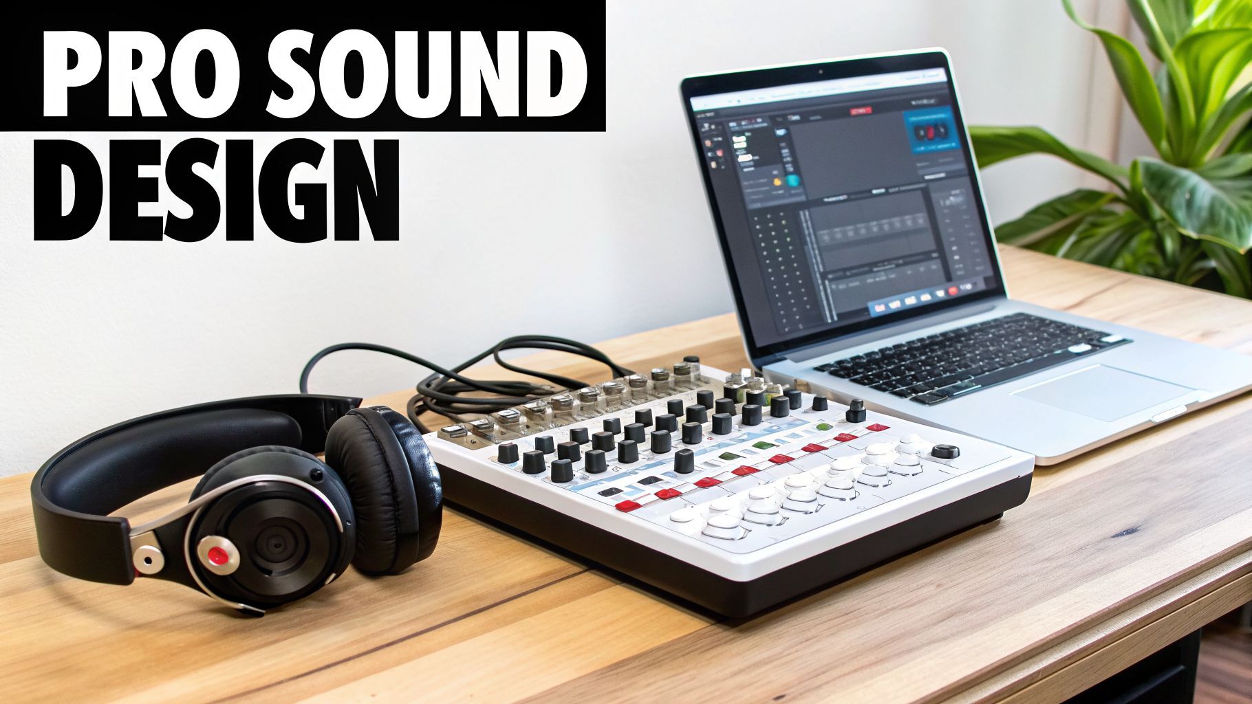 Professional sound design studio setup laptop-ով, audio mixer-ով, headphones wooden desk-ի վրա.