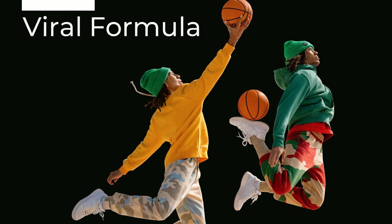 Two people wearing green beanies jump mid-air while performing athletic basketball tricks against a solid black background.