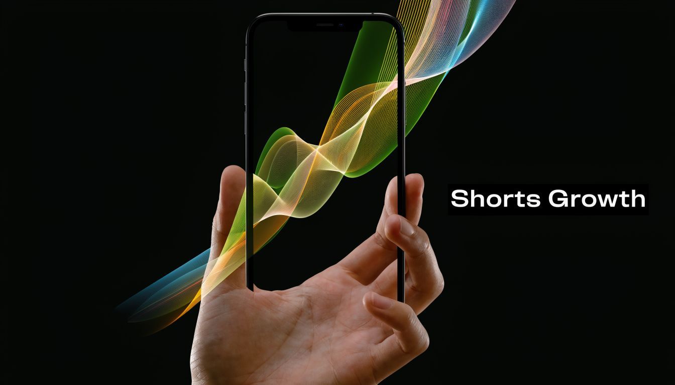 A hand holding a modern smartphone displaying a vibrant, flowing abstract light graphic against a black background.