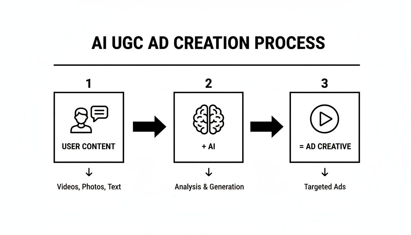 Diagrama de flux que mostra la creació d’anuncis AI UGC, involucrant contingut d’usuari, anàlisi d’IA i creatius d’anuncis finals.