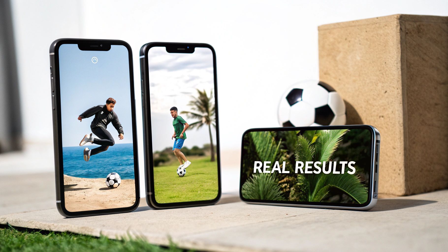 Tres smartphones mostren jugadors de futbol en acció i text 'RESULTATS REALS', amb una pilota de futbol.