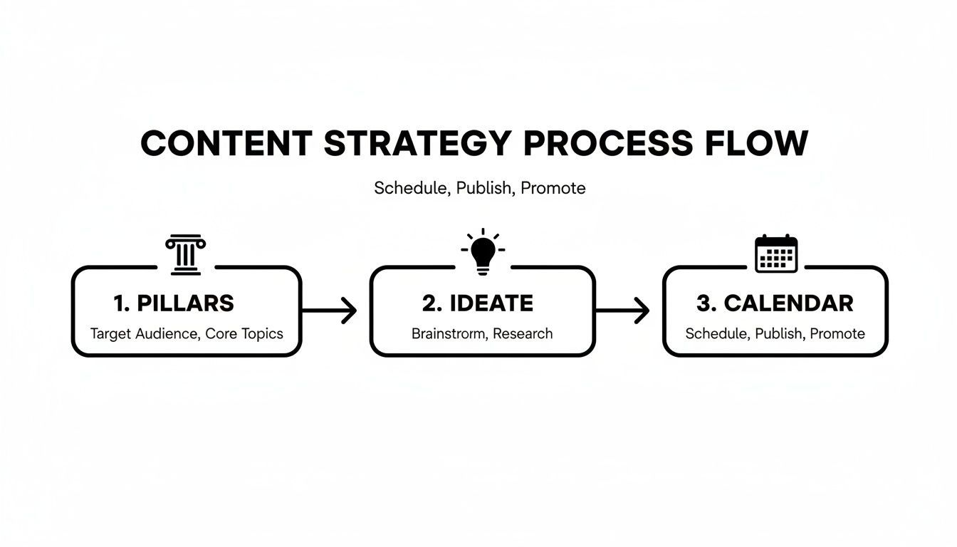 ไดอะแกรมกระบวนการกลยุทธ์เนื้อหาแสดงสามขั้นตอน: Pillars, Ideate, และ Calendar สำหรับการจัดตาราง การเผยแพร่ และการโปรโมต
