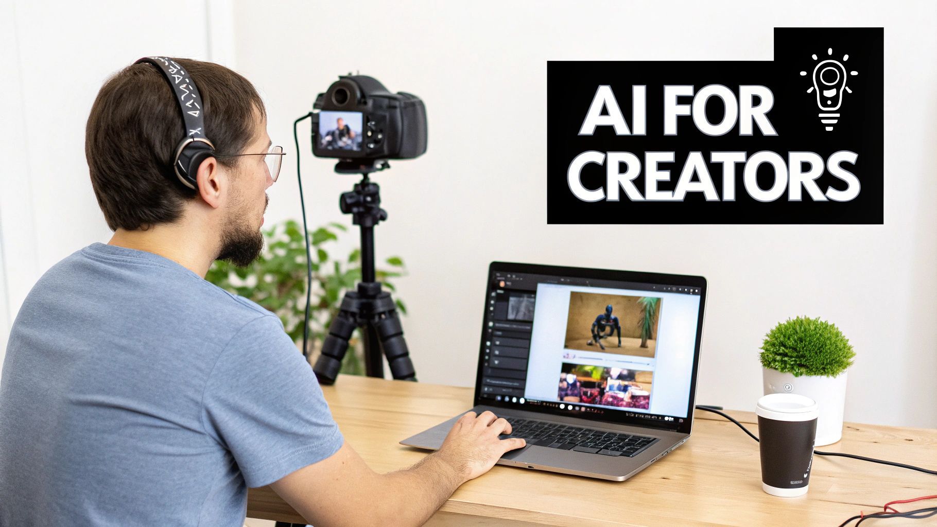 A person using a laptop with AI-generated video graphics displayed on the screen, symbolizing content creation.