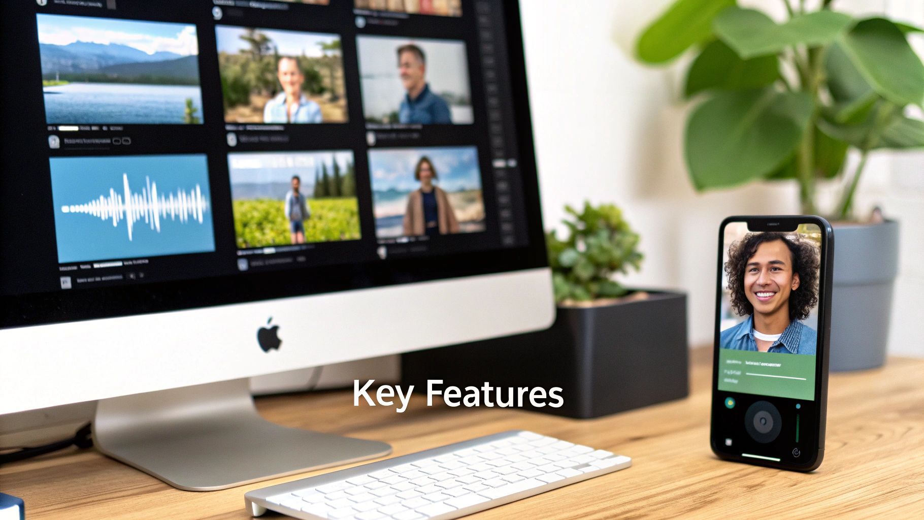 A digital interface showing AI video creation tools like avatars, text-to-speech, and scene selection, highlighting key features.