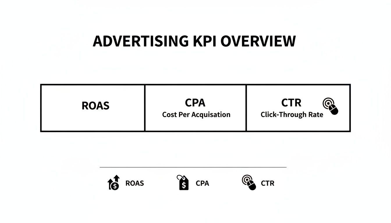 نظرة عامة على KPIs الإعلانية تعرض ROAS وCPA وCTR مع أشكالها الكاملة وأيقونات توضيحية.