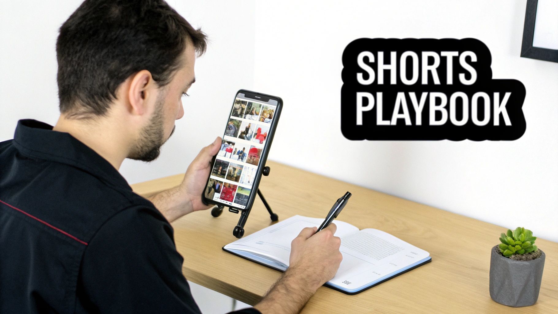 Un home estudia el seu telèfon en un suport mentre pren notes, amb un rètol de 'Shorts Playbook'.