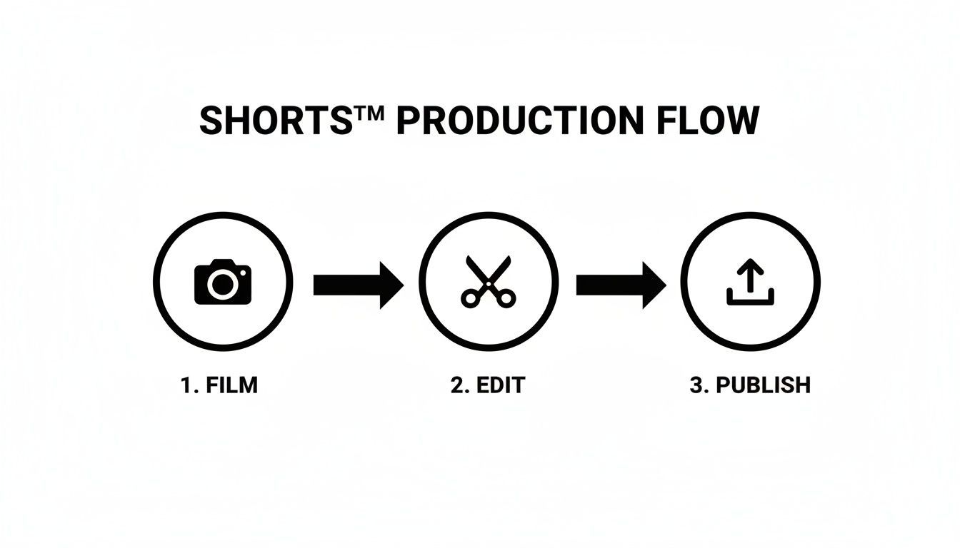 Un flux de producció de tres passos per a YouTube Shorts: Film, Edit, Publish, representat per icones i text.