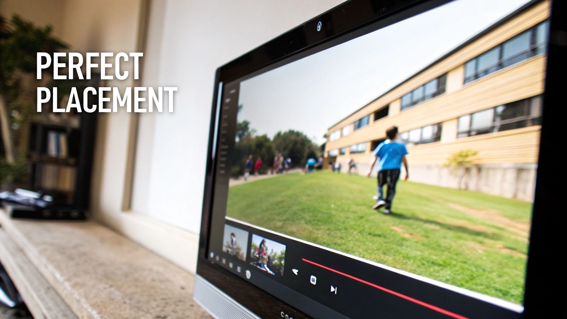 Una pantalla d'ordinador mostra un vídeo d'un nen caminant per un camp herbós, amb text 'PERFECT PLACEMENT'.