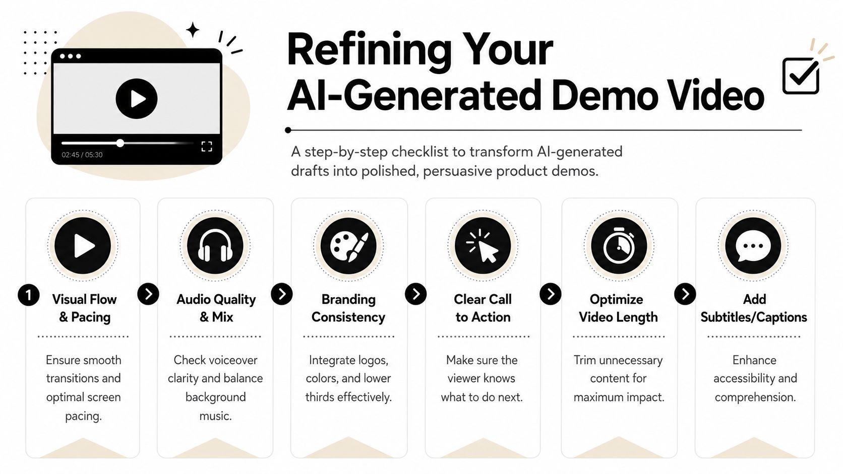A checklist infographic illustrating six essential steps for refining AI-generated product demo videos for better quality.