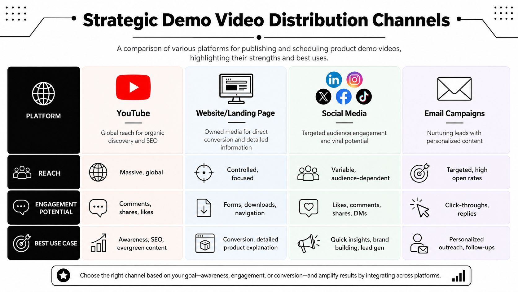 A comparison chart outlining strategic distribution channels for product demo videos including YouTube, websites, social media, and email.