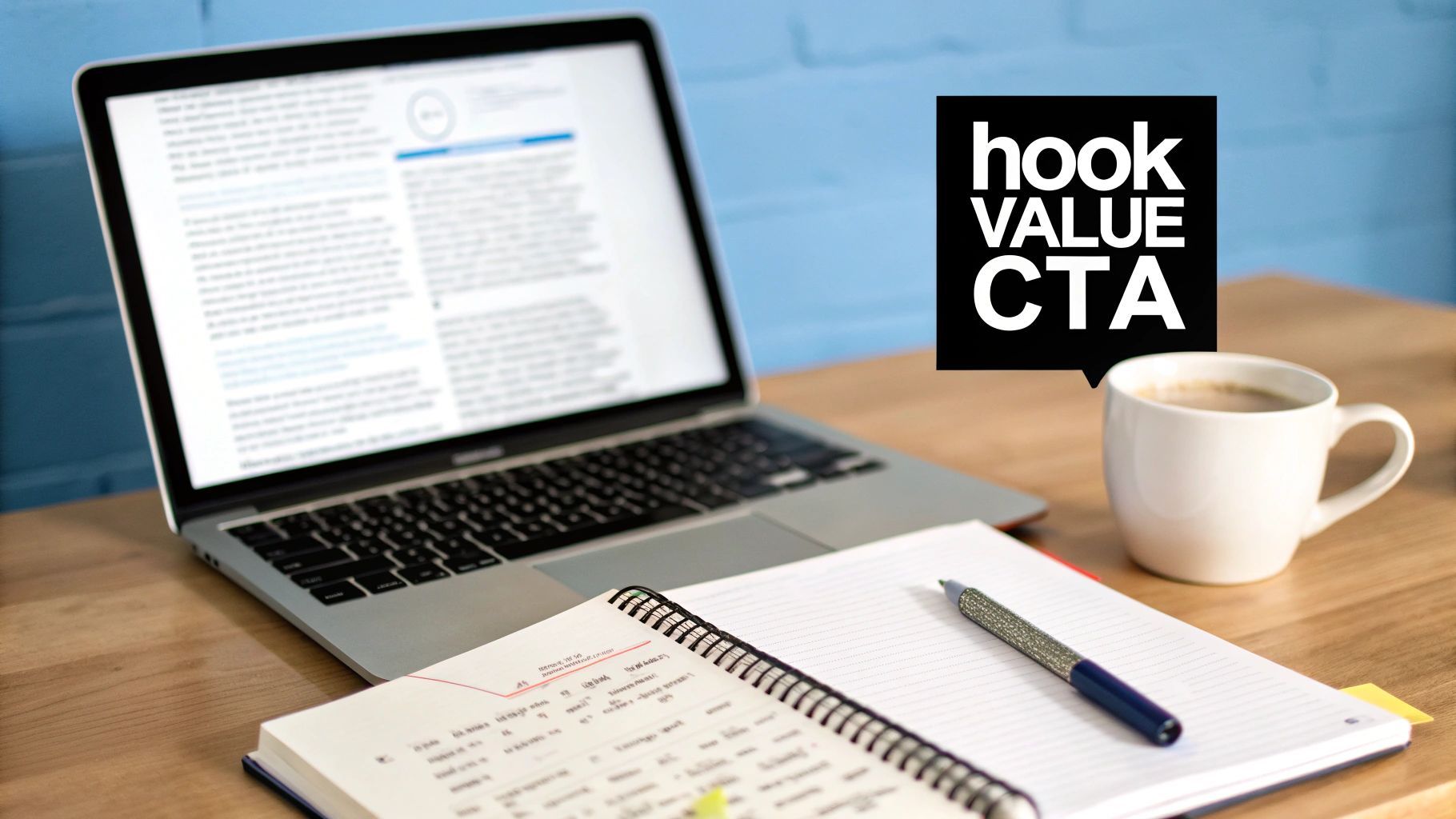 Un portàtil, un quadern i una tassa de cafè sobre un escriptori, amb una gràfica de 'hook VALUE CTA'.