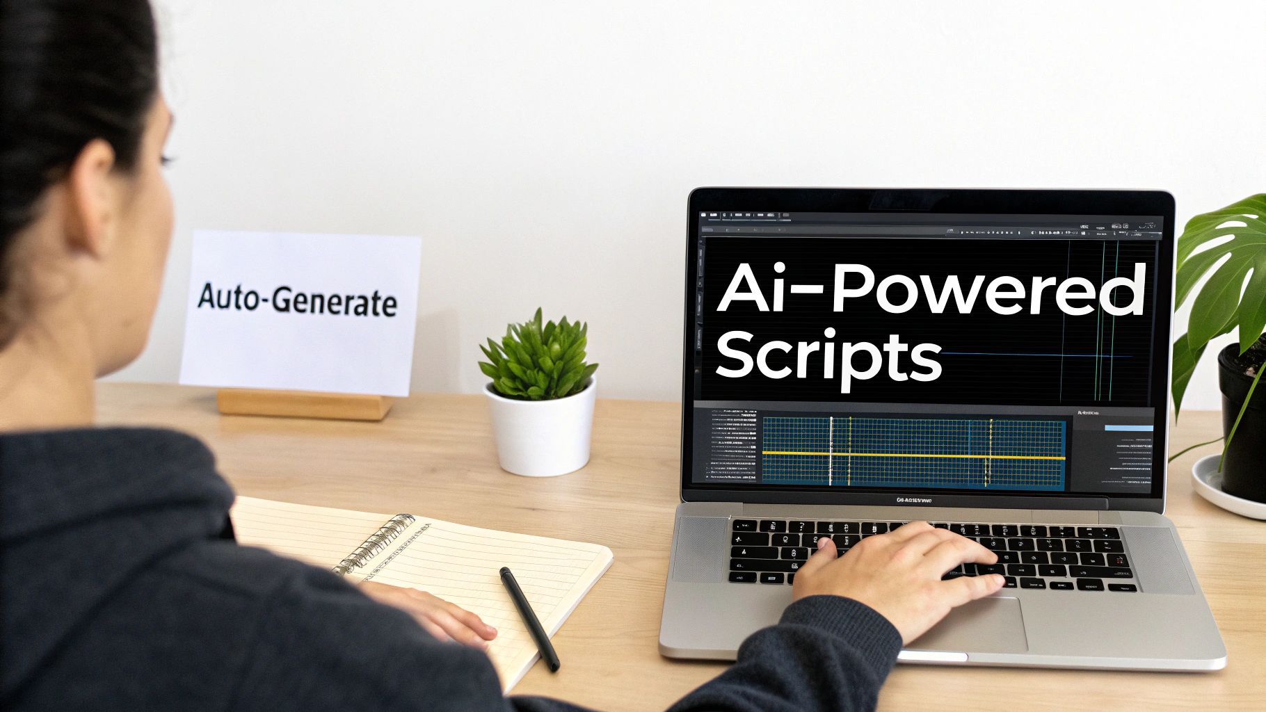 Una persona a un escriptori mira un portàtil que mostra 'Ai-Powered Scripts' i un rètol 'Auto-Generate'.