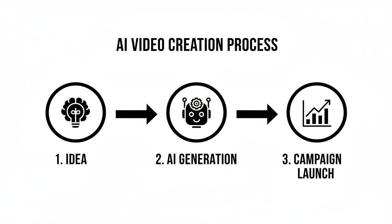 Un flux de treball que il·lustra el procés de creació de vídeo amb IA en tres passos, des de la idea fins al llançament de la campanya.