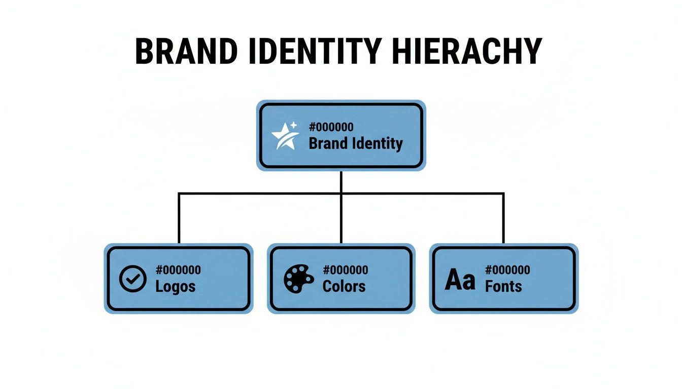 Diagrama de jerarquia que il·lustra la identitat de marca desglossada en elements de logotips, colors i tipografies.