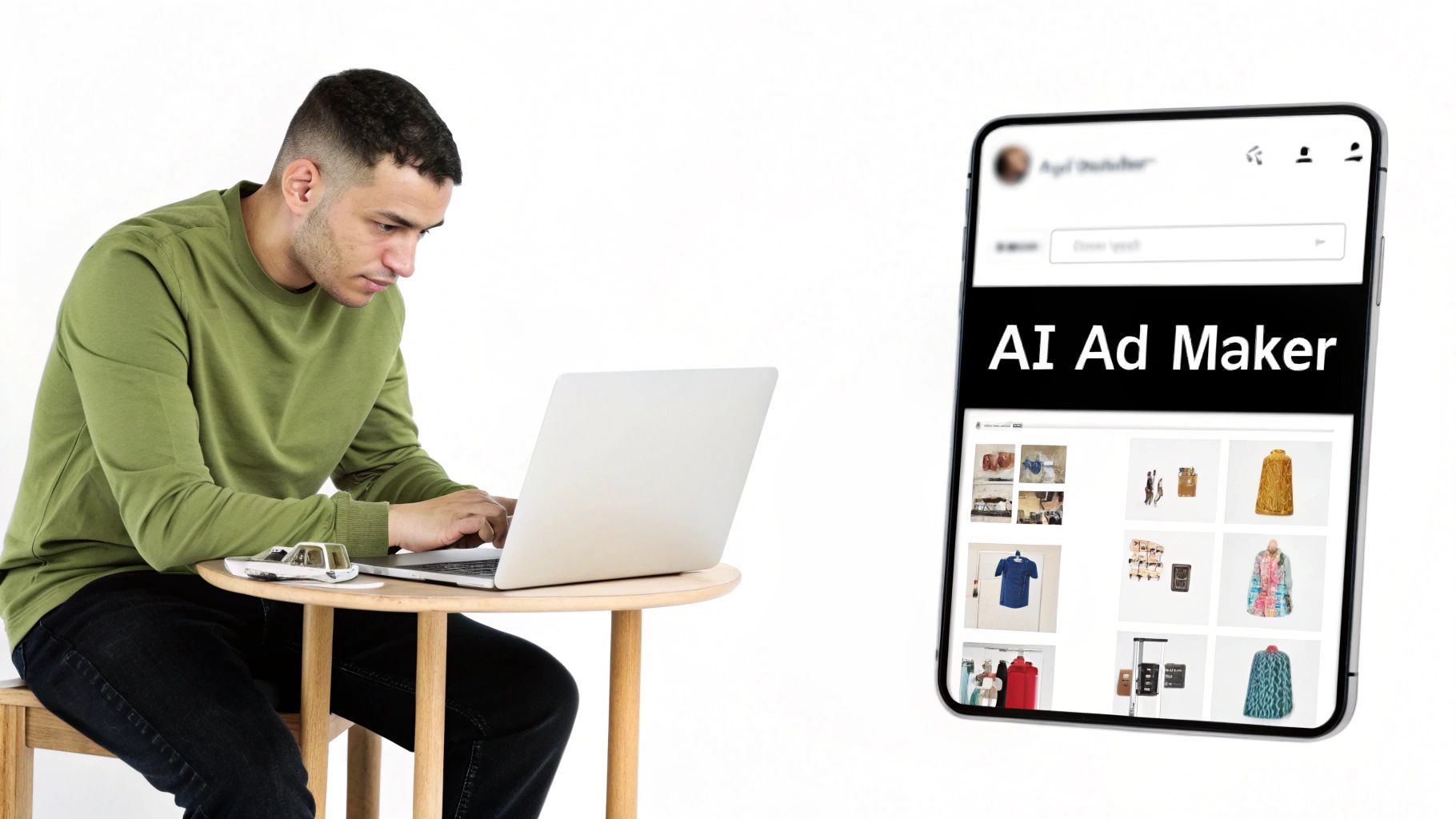 Un uomo usa un laptop a un tavolo, con uno smartphone fluttuante nelle vicinanze che mostra 'AI Ad Maker' e immagini di prodotti.