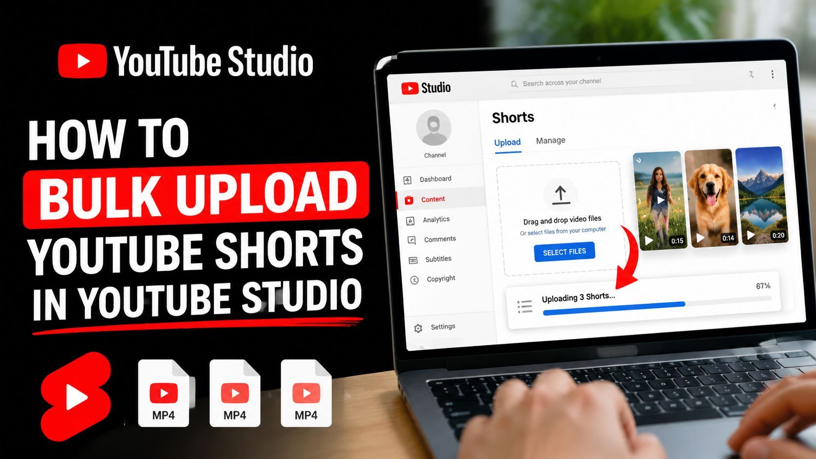 'n Persoon wat 'n laptop gebruik om veelvuldige YouTube Shorts-video's grootskalig in die YouTube Studio-dashboard op te laai.