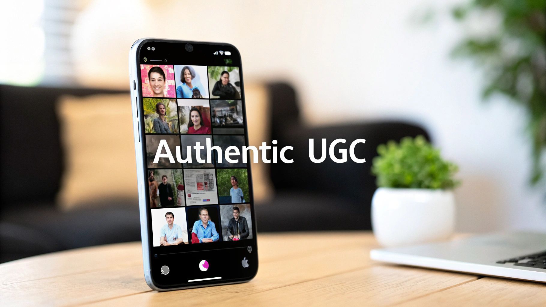 هاتف ذكي يعرض شبكة من المحتوى المولد من المستخدمين المتنوع مع نص 'UGC الأصيل'، على طاولة خشبية.