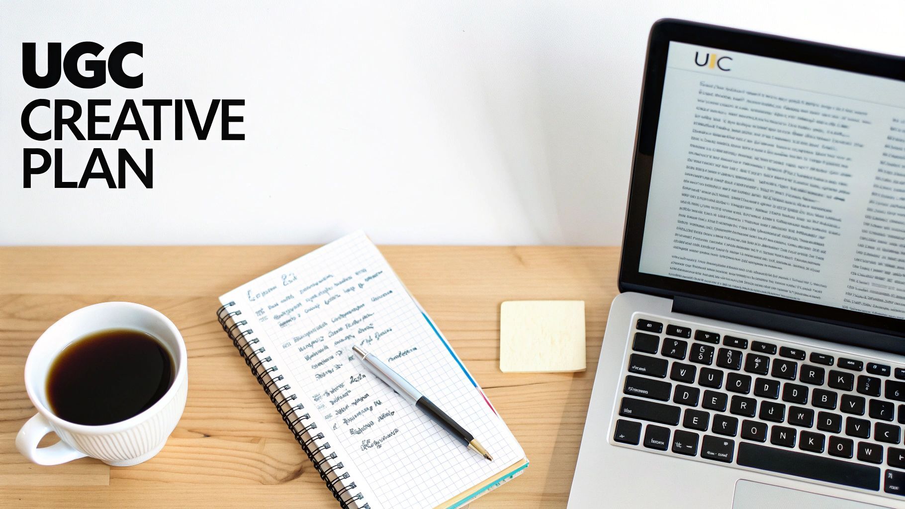 مكتب عمل مع حاسوب محمول، قهوة، دفتر ملاحظات، وقلم، يوضح خطة إبداعية UGC.